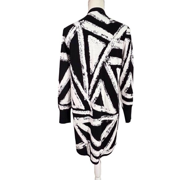 Chicos Long Sweater Cardigan Duster Open Front Size 1 Medium Black White Geo - Picture 4 of 11